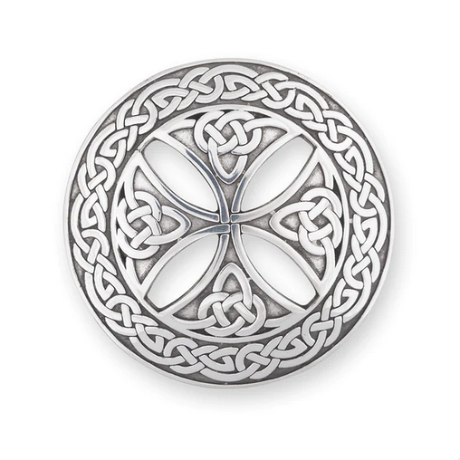 Celtic Cross & Knotwork Border Polished Pewter Scottish Traditional Plaid Brooch