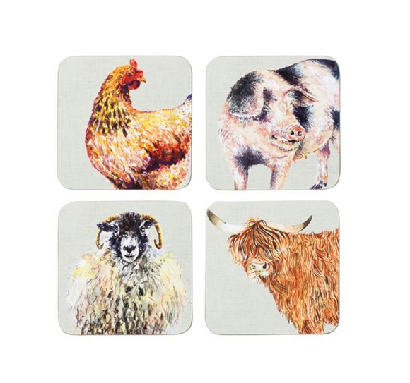 Country Life Set Of 4 Animal Coasters Pig Cow Hen Sheep Designs