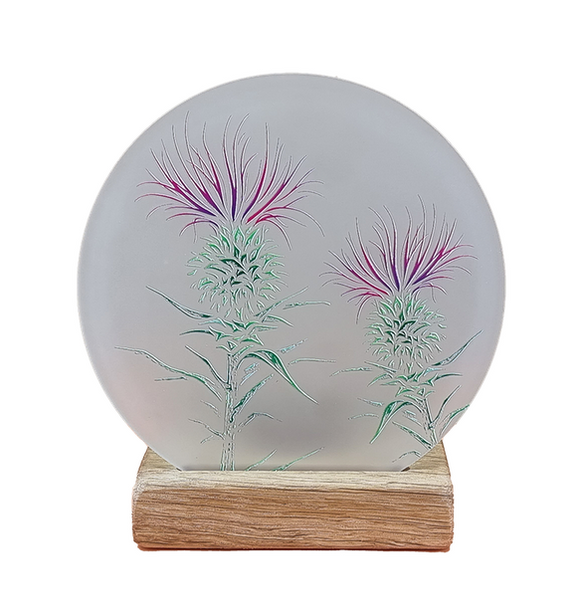 LT Creations Colourful Engraved Scottish Thistle Design Round Tealight Holder With Whisky Barrel Stand