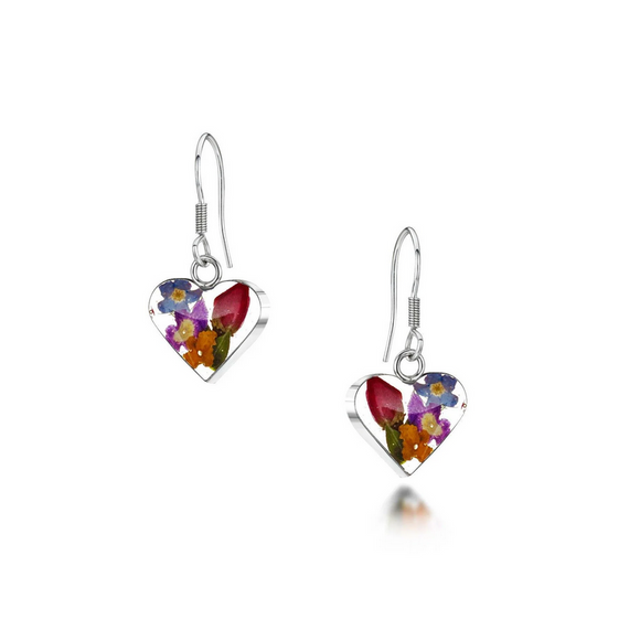 Natural Floral Heart Shape Sterling Silver Mixed Flower Dangle Drop Earrings