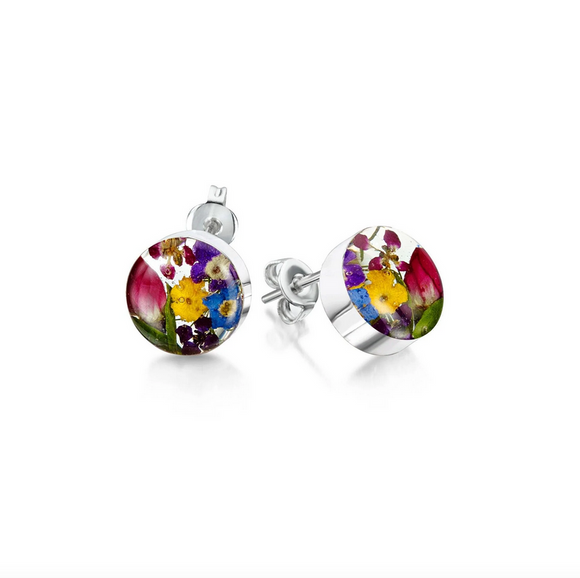 Natural Floral Round Shaped Sterling Silver Mixed Flower Stud Earrings