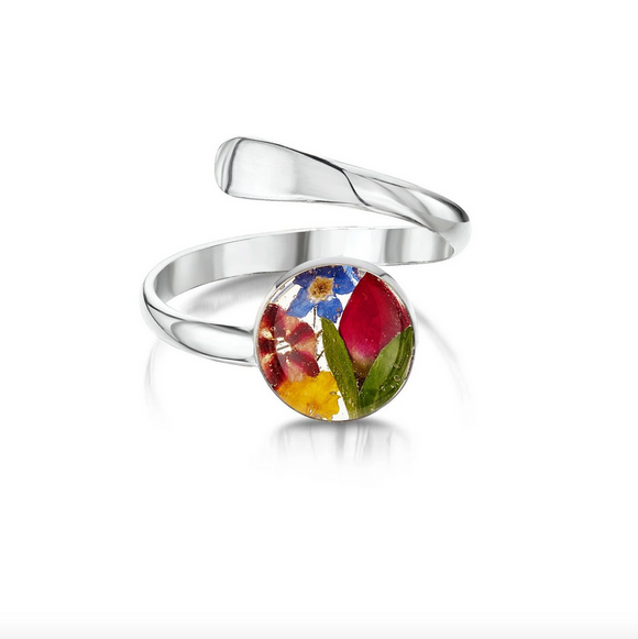 Sterling Silver Adjustable Size Swirl Ring with Vibrant Real Flowers