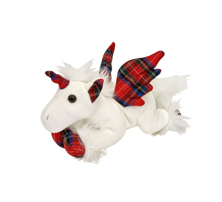 Super Cute Lying White Unicorn With Red Royal Stewart Tartan Accents