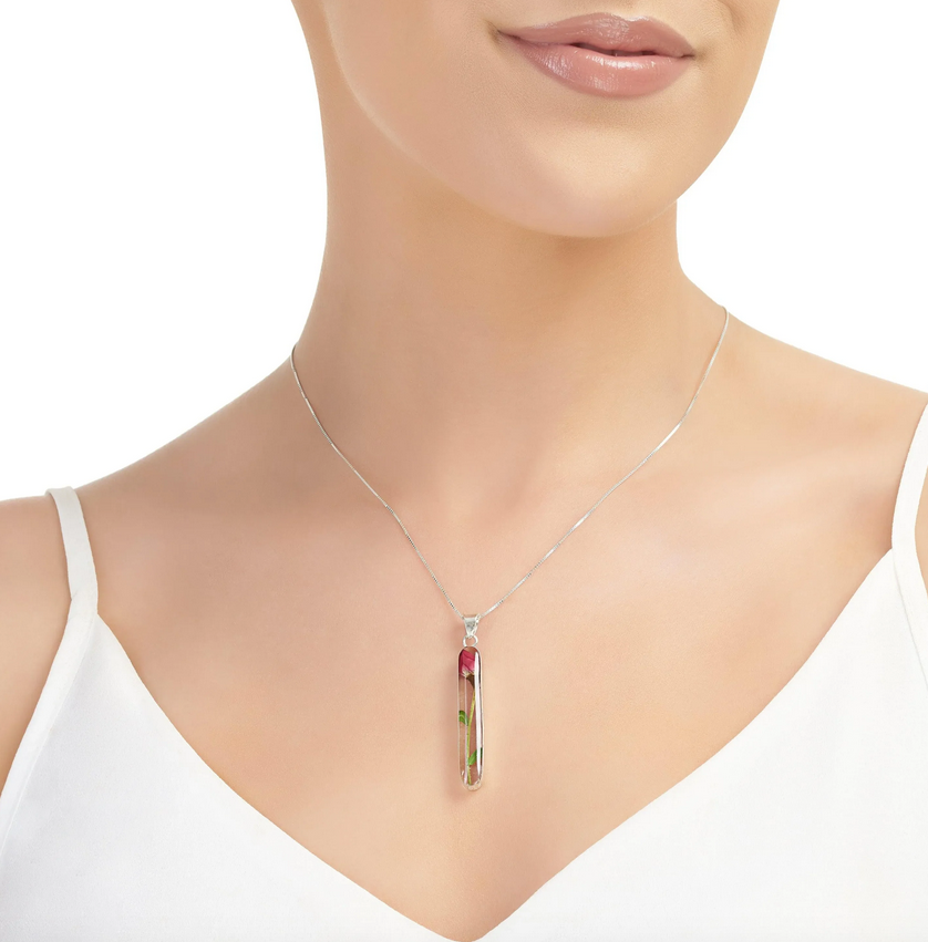 Sterling Silver Long Stem Rose Bud Necklace