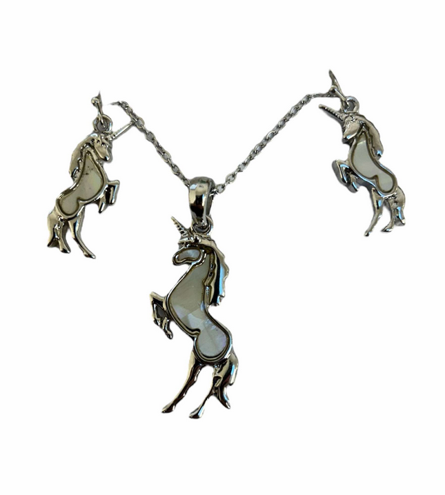 Tide Jewellery Inlaid Paua Shell Unicorn Dangle Drop Earrings & Necklace Set