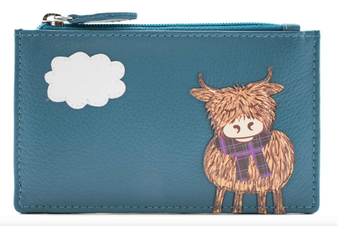 Highland Cow Teal Leather Card And Coin Purse