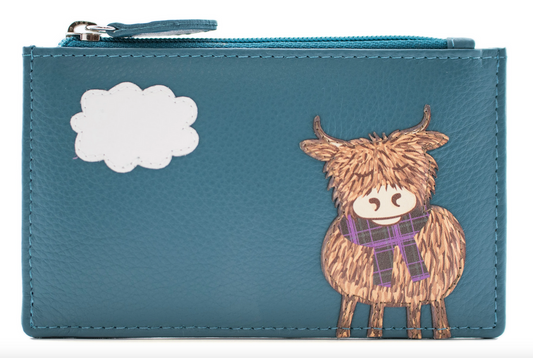 Highland Cow Teal Leather Card And Coin Purse