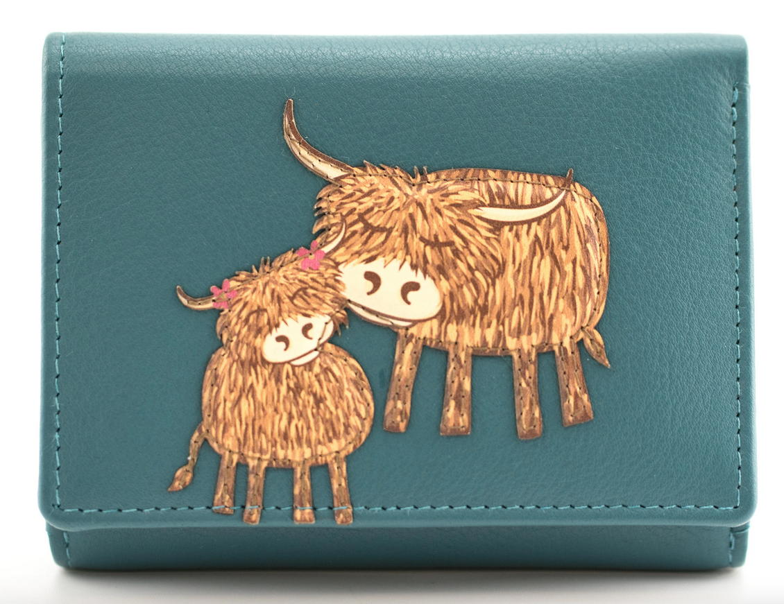 Highland Cow Leather Mum & Daughter Teal Purse