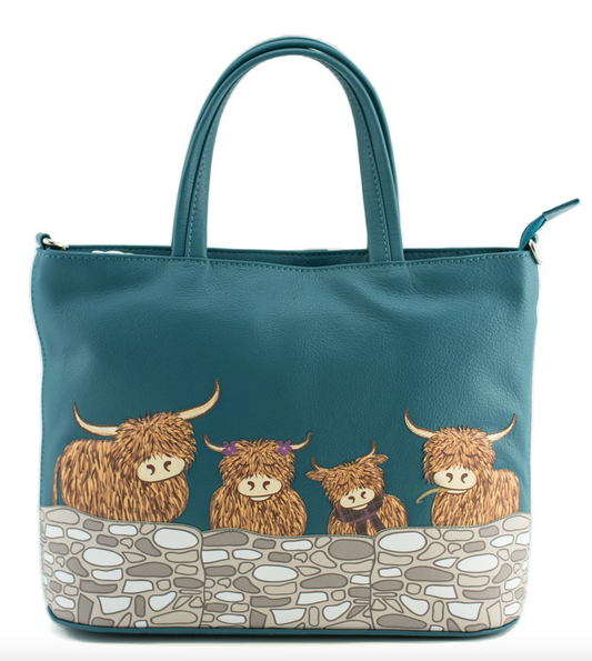 Highland Cow Leather Family Teal Multiway Grab Bag