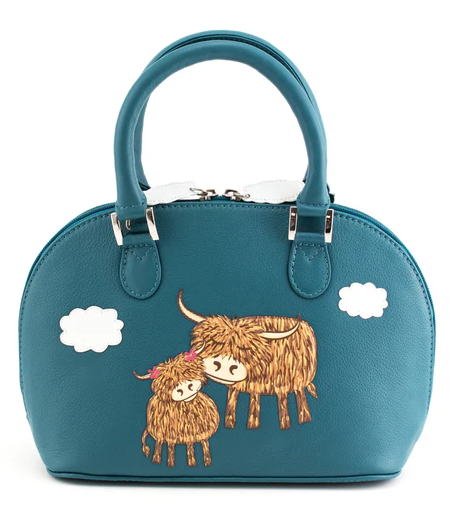 Highland Cow Leather Mother & Daughter Teal Zip Round Grab Bag