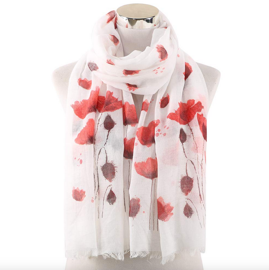 White Realistic Red Poppy Scarf