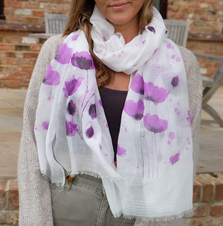 White Realistic Purple Poppy Scarf