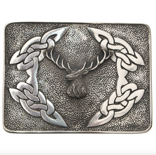 Pewter Celtic Knot & Stag Belt Buckle