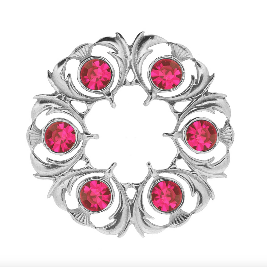Polished Pewter Cerise Stone Thistle Dancers Brooch
