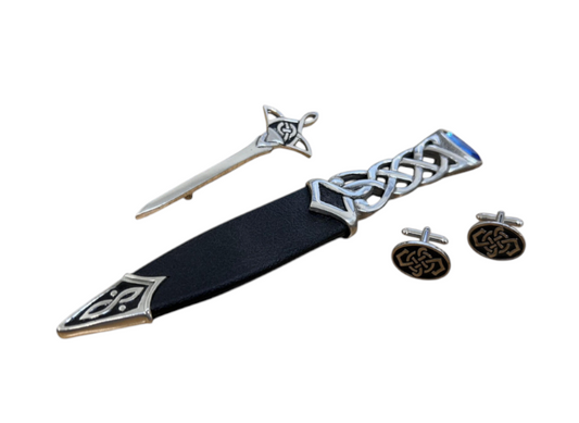 Celtic Knotwork Stone Top Sgian Dubh Gift Set With Kilt Pin & Cufflinks