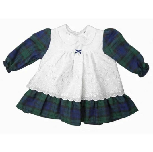 Tartan Baby Dress with Broderie Anglaise Smock in Black Watch