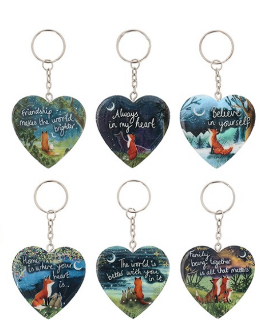 Fox Under The Moon Heart Shaped Token Keyring