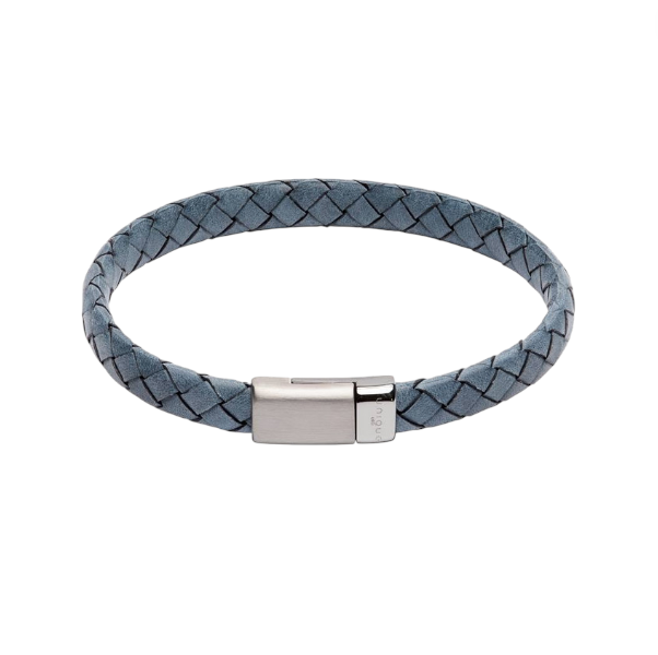 Antique Blue Braided Leather Steel Clasp Mens Bracelet