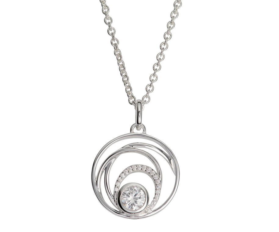 Sterling Silver Cubic Zirconia Swirl Circle Pendant and Chain
