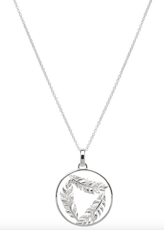 Sterling Silver Cubic Zirconia Triple Feather Circle Pendant and Chain