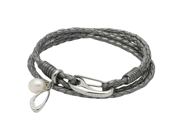 Silver Grey Braided Leather Steel Clasp Ladies Bracelet With Pearl Charm