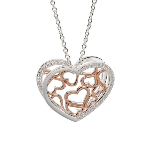 Sterling Silver 3D Love Heart Necklace Rose Gold Plated Detailing