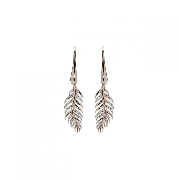Rose Gold Plated Sterling Silver Diamante Feather Drop Earrings