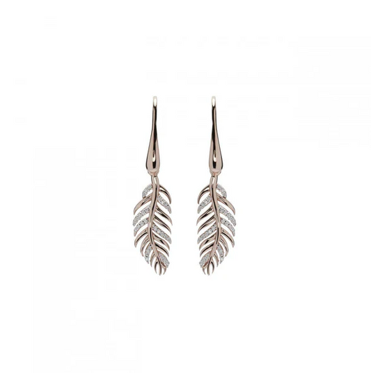 Rose Gold Plated Sterling Silver Diamante Feather Drop Earrings