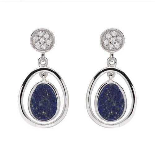 Blue Lapis Lazuli Oval Sterling Silver Double Oval Dangle Drop Earrings With CZ