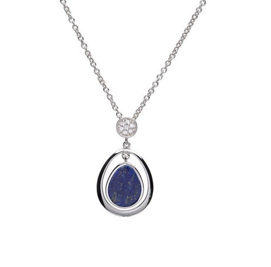 Lapis Lazuli Blue Oval Sterling Silver Double Oval Necklace With CZ
