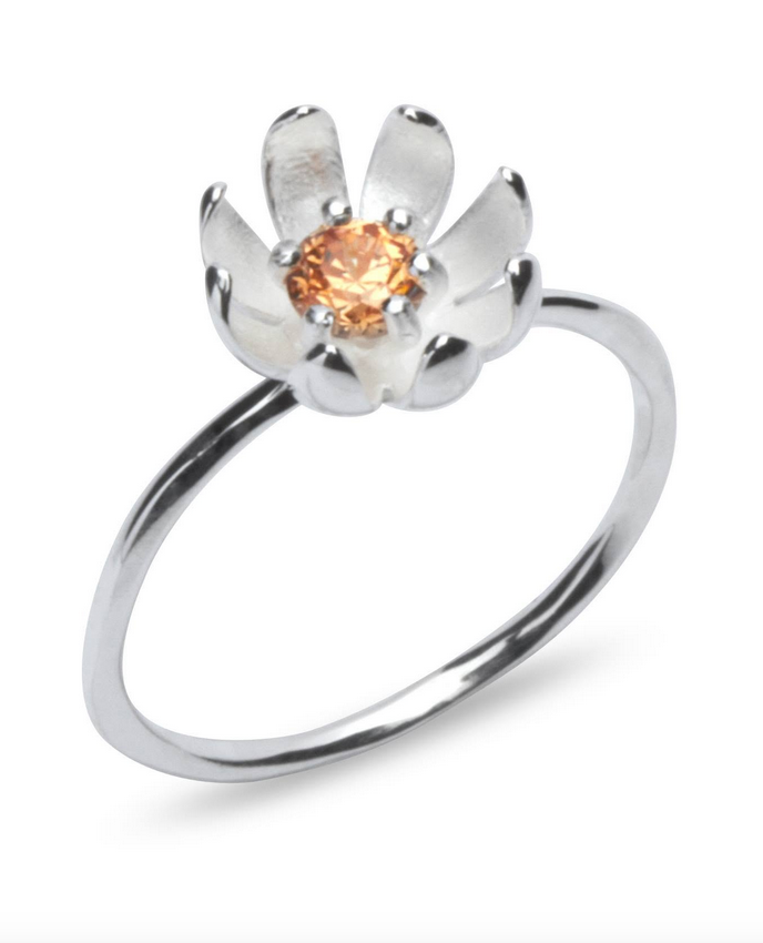 Stunning Sterling Silver Blooming Floral Ring With Orange Coloured CZ Stone