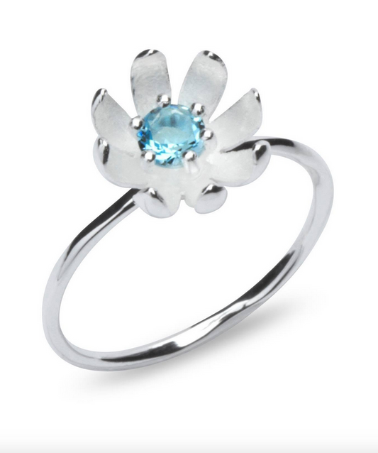 Stunning Sterling Silver Blooming Floral Ring With Blue Coloured CZ Stone