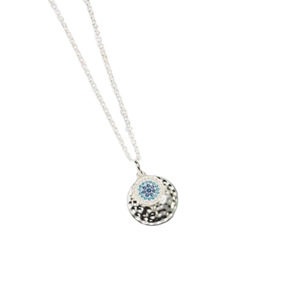 Sterling Silver Hammered Double Pendant With Blue & Clear CZ Stones