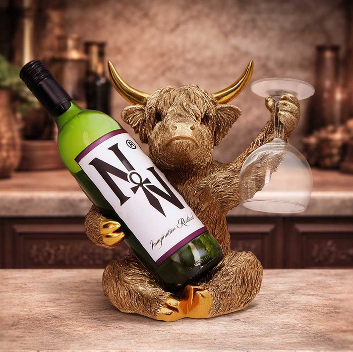 Gold Highland Cow Wine Bottle & Glass Holder