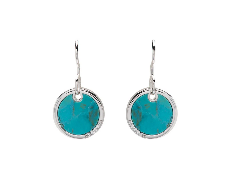 Sterling Silver Circular Turquoise & CZ Dangle Drop Earrings