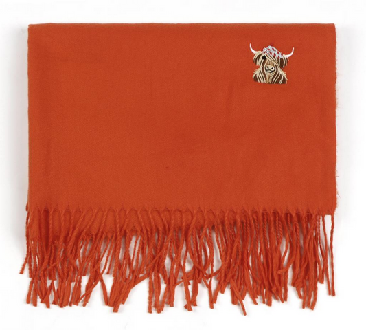 McMoo Scottish Hamish The Highland Cow Embroidered Scarf - Orange