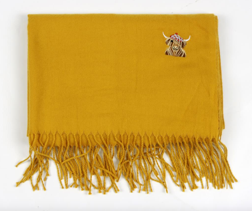 McMoo Scottish Hamish The Highland Cow Embroidered Scarf - Mustard