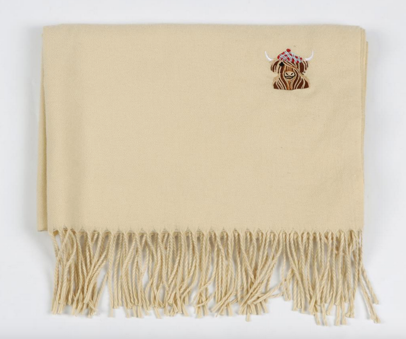 McMoo Scottish Hamish The Highland Cow Embroidered Scarf - Cream