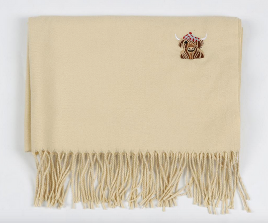 McMoo Scottish Hamish The Highland Cow Embroidered Scarf - Cream