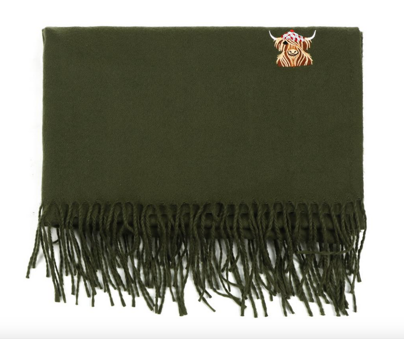 McMoo Scottish Hamish The Highland Cow Embroidered Scarf - Dark Green