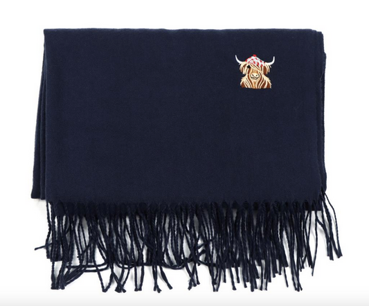 McMoo Scottish Hamish The Highland Cow Embroidered Scarf - Navy