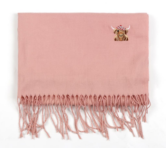McMoo Scottish Hamish The Highland Cow Embroidered Scarf - Pink