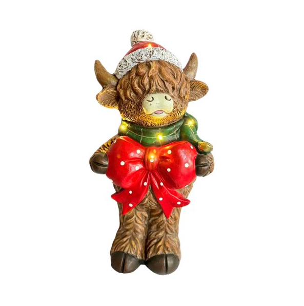 LED Highland Cow With Bow Statue