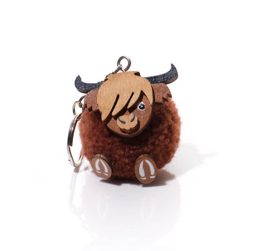 Wooden Face Pom Pom Highland Cow Keyring