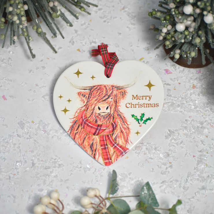 Festive Highland Cow With Tartan Scarf Heart Tree Hanger