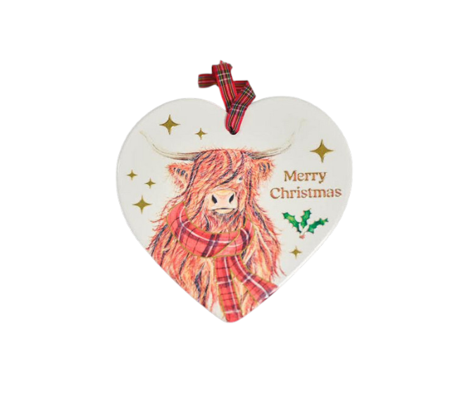 Festive Highland Cow With Tartan Scarf Heart Tree Hanger