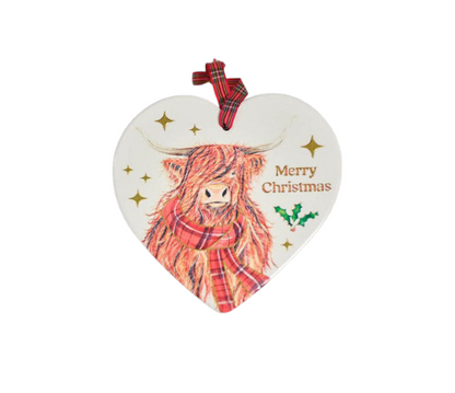 Festive Highland Cow With Tartan Scarf Heart Tree Hanger