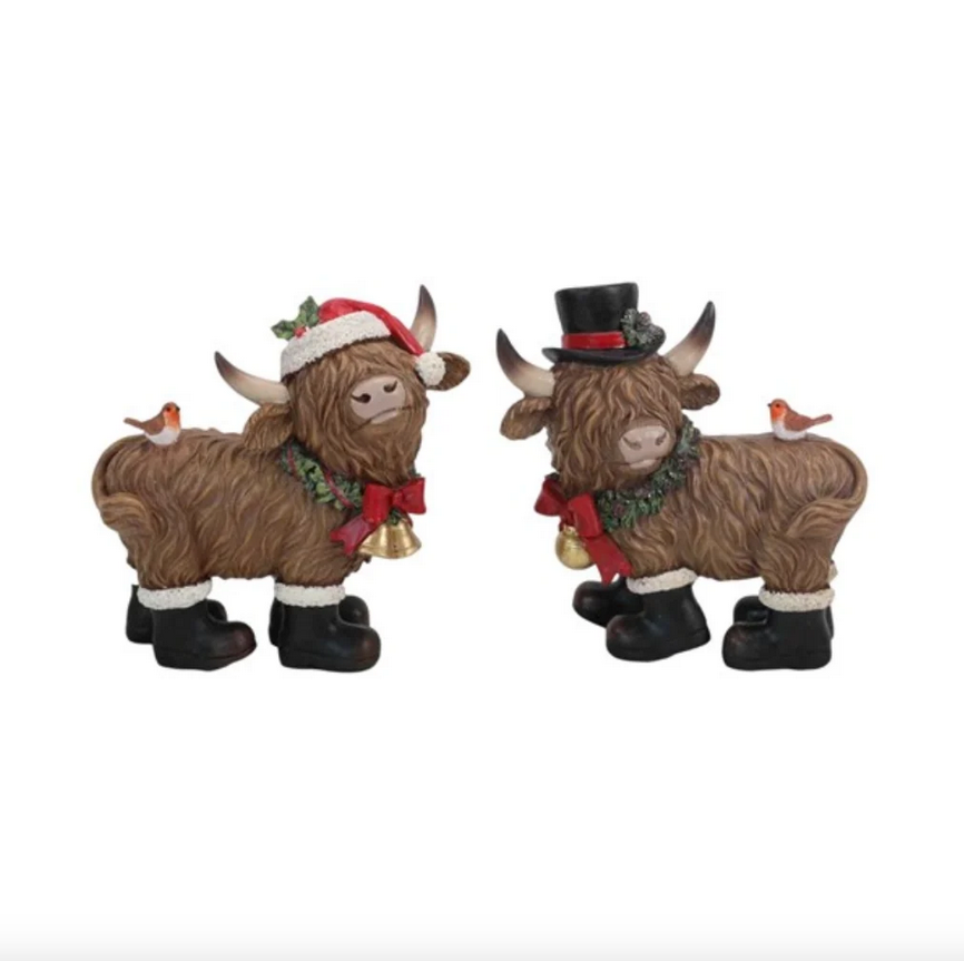 Set Of 2 Standing Christmas Highland Cows