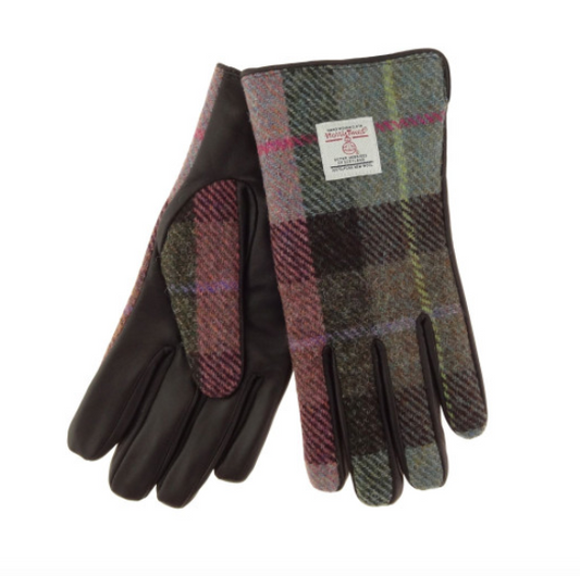 Ladies Brown Leather & Harris Tweed Gloves in Muted Green & Rose Pink