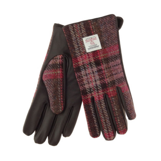 Ladies Brown Leather & Harris Tweed Gloves in Burgundy & Pink Stewart Tartan